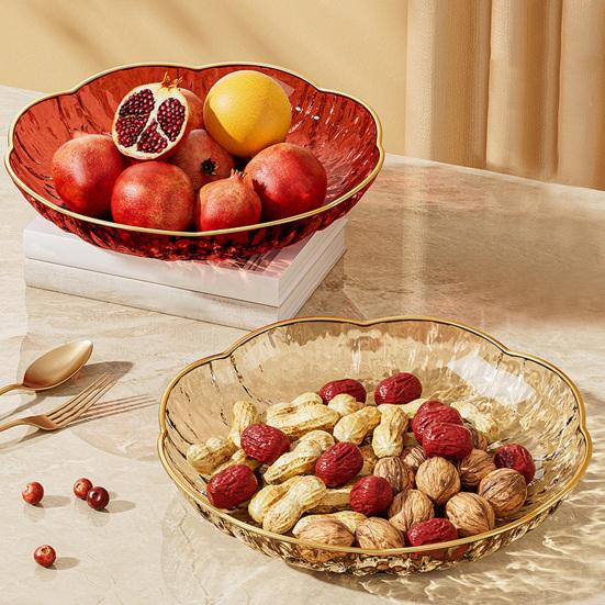 Clear Plastic Serving Bowl, Modern Fruit Bowl with Gold Rim, Multi-use Decorative Snack Bowl for Counter Home Decoration, Kitchen Dining Room Table