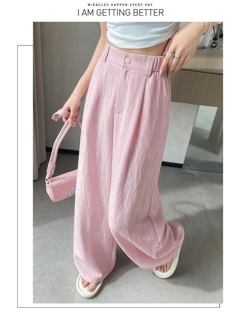 Women's Tencel Linen Wide-Leg Pants - Summer Ice Silk Cotton Blend, High Waist, Slimming, Floor Length, Loose Fit.