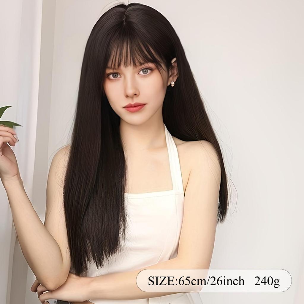 Elegant 26-Inch Long Straight Black Wig with Bangs for Women - Heat Resistant Synthetic Hair, High Density Matte Finish