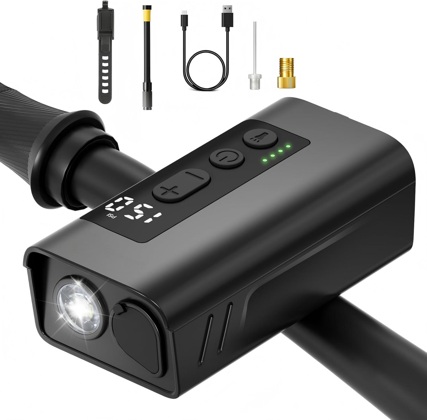 Mini Electric Bicycle Tire Inflator 150PSI Portable Wireless Air Pump with LED Light Presta Schrader Valve Type-C Rechargeable for Road Mountain Bike