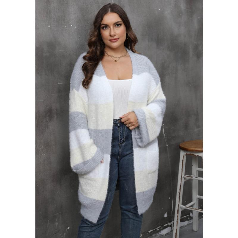 Women S Plus Size Striped V Neck Long Sleeve Knit Cardigan Coat