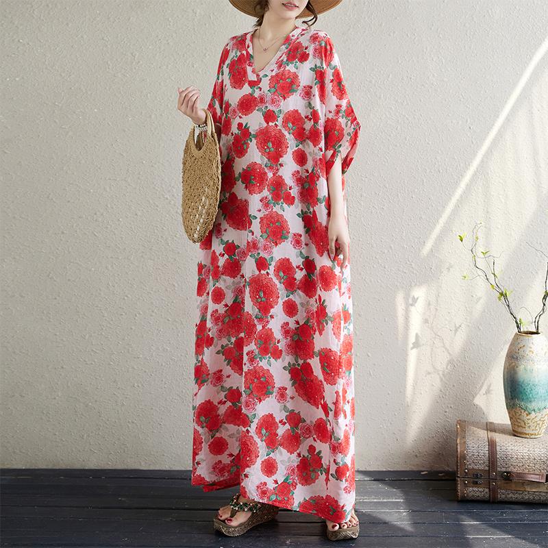 DIMANAF 2024 Plus Größe Sommer Frauen Strand Kleid Grundlegende Floral Print Lose Stil Vintage Lange Bohemian Kleider