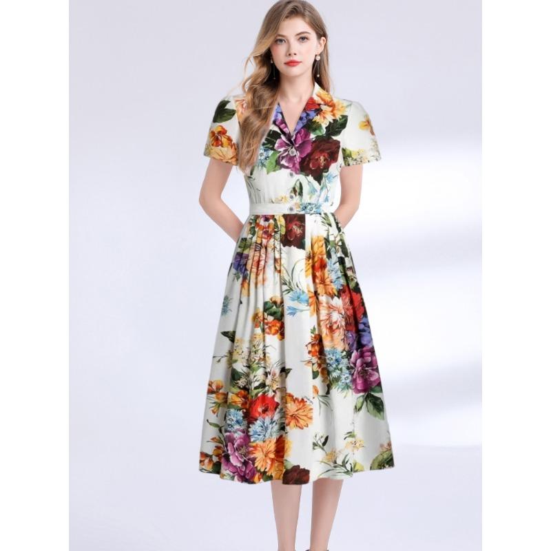 

Летние винтажные платья макси с цветочным принтом, женские, с коротким рукавом, блейзерным воротником, длинные, для вечеринок XXL