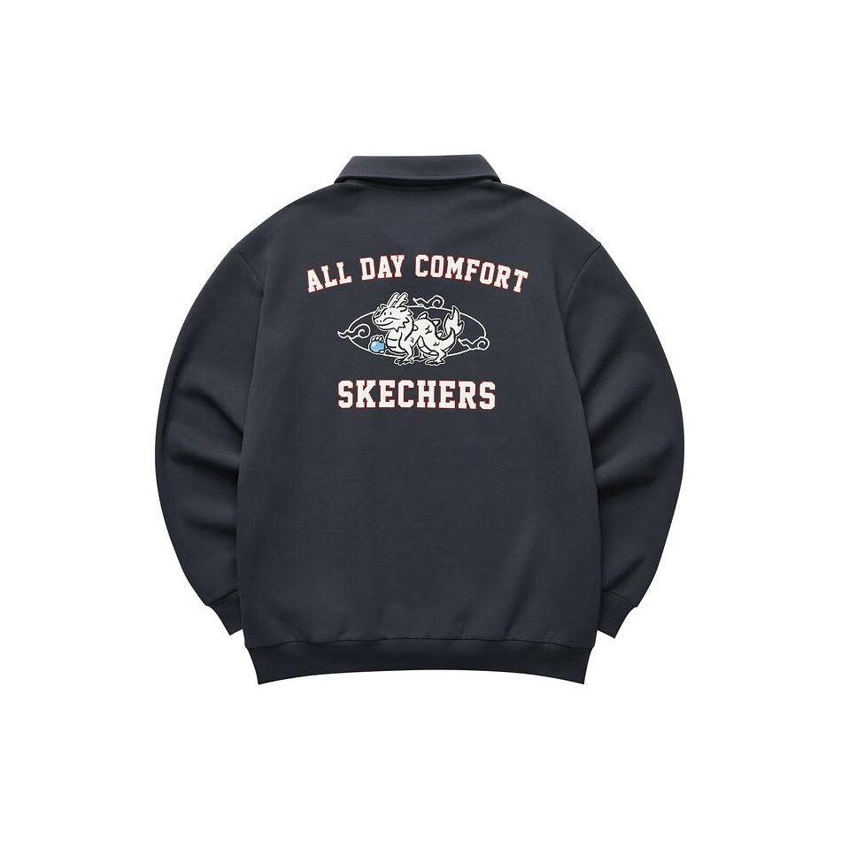 Skechers New Year Series Letter Print Polo Neck Knitted Pullover Half Zip Sweatshirt Men sweatshirt Charcoal-Gray L124M009-000G M