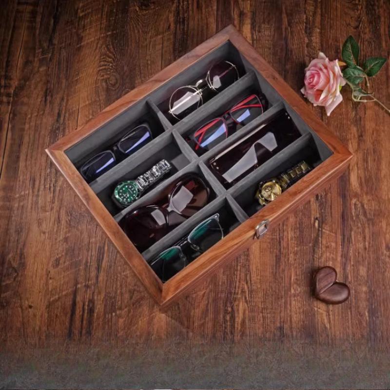 Walnut Wooden Glasses Case, Large Capacity Sunglasses & Watch Storage Box with Display Window for Travel and Home
