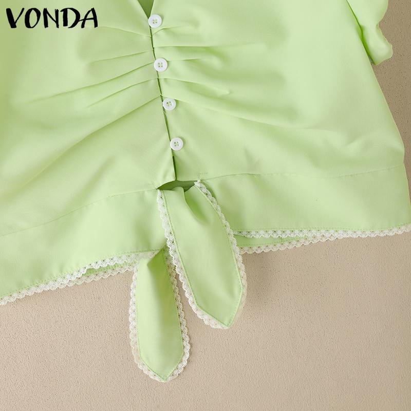 VONDA Women Lapel Collar Short Sleeve Twisted Lace Hem Casual Cropped Blouse