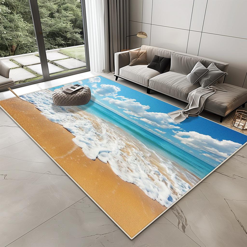 3D Vision Seaside Design Carpet for Living Room Home Decoration Modern Bedroom Rug Lounge Non-slip Washable Plush Floor Mat Soft