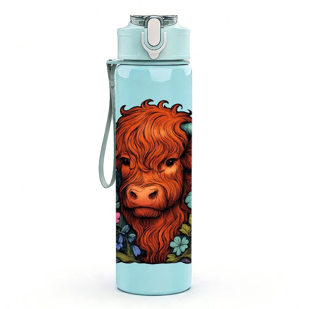 1PC Buffalo Bull Flower Portrait 750ml Color Plastic Sports Water Bottle Leakproof Flip Straw Lid Suitable for Sports Office Home Use