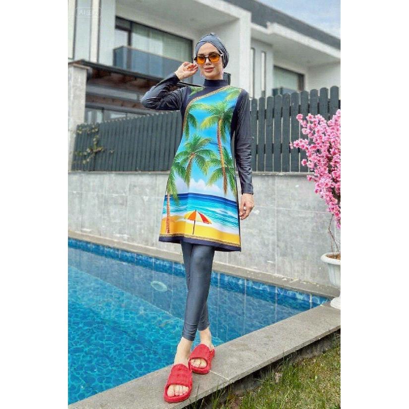 New Styles In Various Colors and Prints Modest Muslim Burkini 2-piece Set Long-sleeved Tunic and Full-length Leggings Set - Muslim Swimwear - Summer