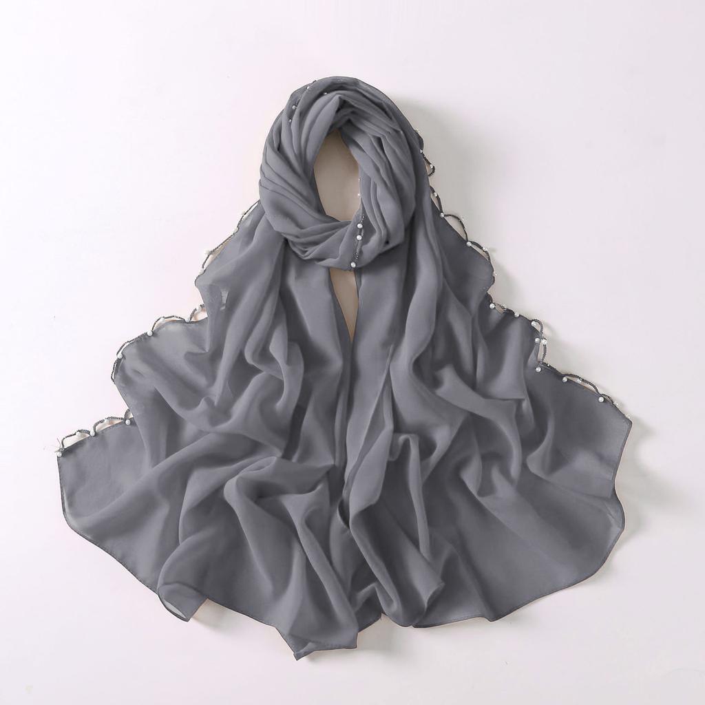 Pearl Edge Chiffon Hijab Scarf Women Muslim Long Shawl Soft Plain Head Wrap Beaded Border Lightweight Islamic Turban