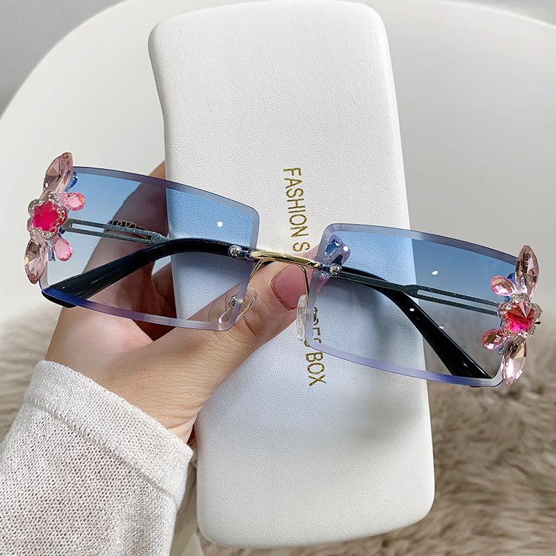 Rectangular Small Frame Diamond-inlaid Sunglasses Women's Small Face Round Face Sun Protection Sunglasses Trendy
