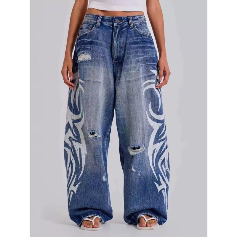 Jaded London Vintage Amerikanischer Print Gewaschene Jeans mit weitem Bein Hohe Taille Lockere Passform Damen