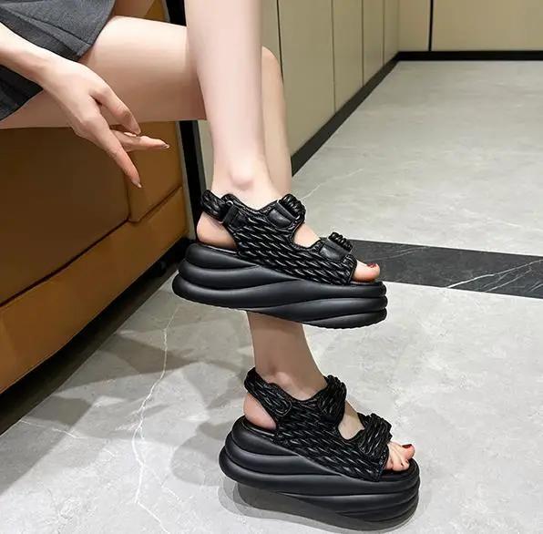 

Top quality 7CM Microfiber Synthetic Leather Hook Pumps Summer Platform Wedge Flats Fashion Women Peep Toe Sandal Slippers Shoes 40