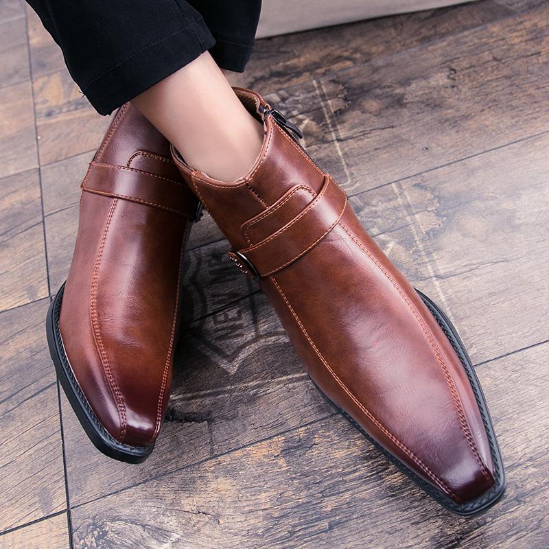 Men's Short Boots With Side Zipper And Pointed Toe, British Style