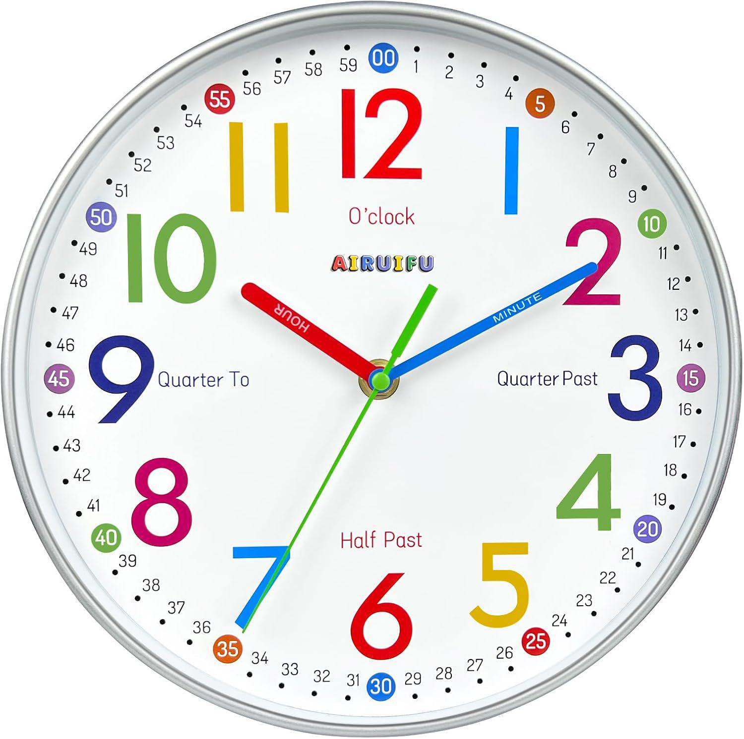 

Silent Rainbow Wall Clock for Kids Rooms and Classrooms 20CM Silver Frame