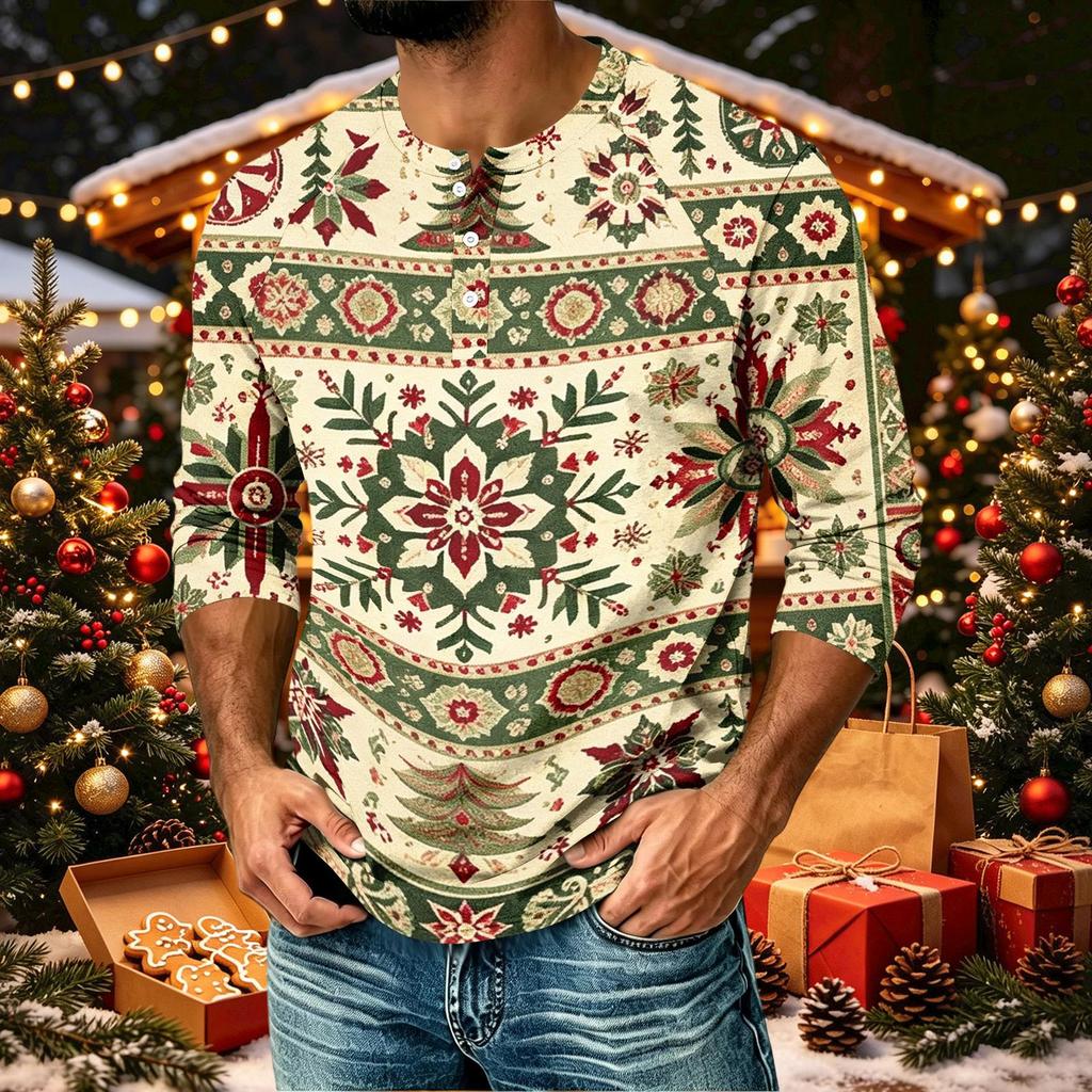 Men's Casual Three-Quarter Sleeve Raglan Shirt with Christmas Print