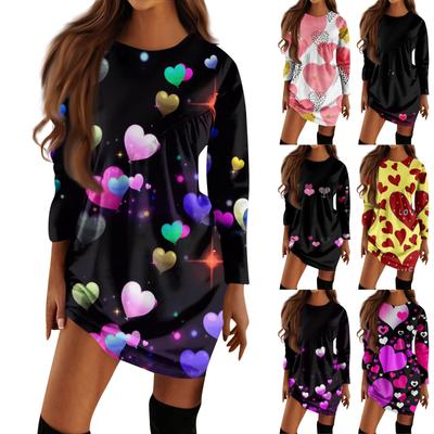 Lässiges Damen-T-Shirt-Kleid mit Valentinstags-Print, langen Ärmeln, unregelmäßigem Plissee und Rundhalsausschnitt