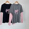 Taoguan Frühling Damen Schlankmachendes Rundhals-T-Shirt mit kleinem Pferdeaufdruck Two-in-One