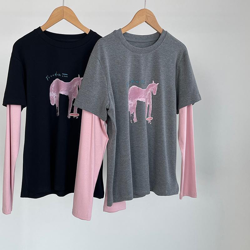 Taoguan Frühling Damen Schlankmachendes Rundhals-T-Shirt mit kleinem Pferdeaufdruck Two-in-One
