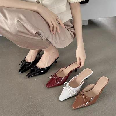 Autumn New Bag Head Half Slippers French Fairy Style Mary Jane Shoes Women with Skirt Low Heel Bow