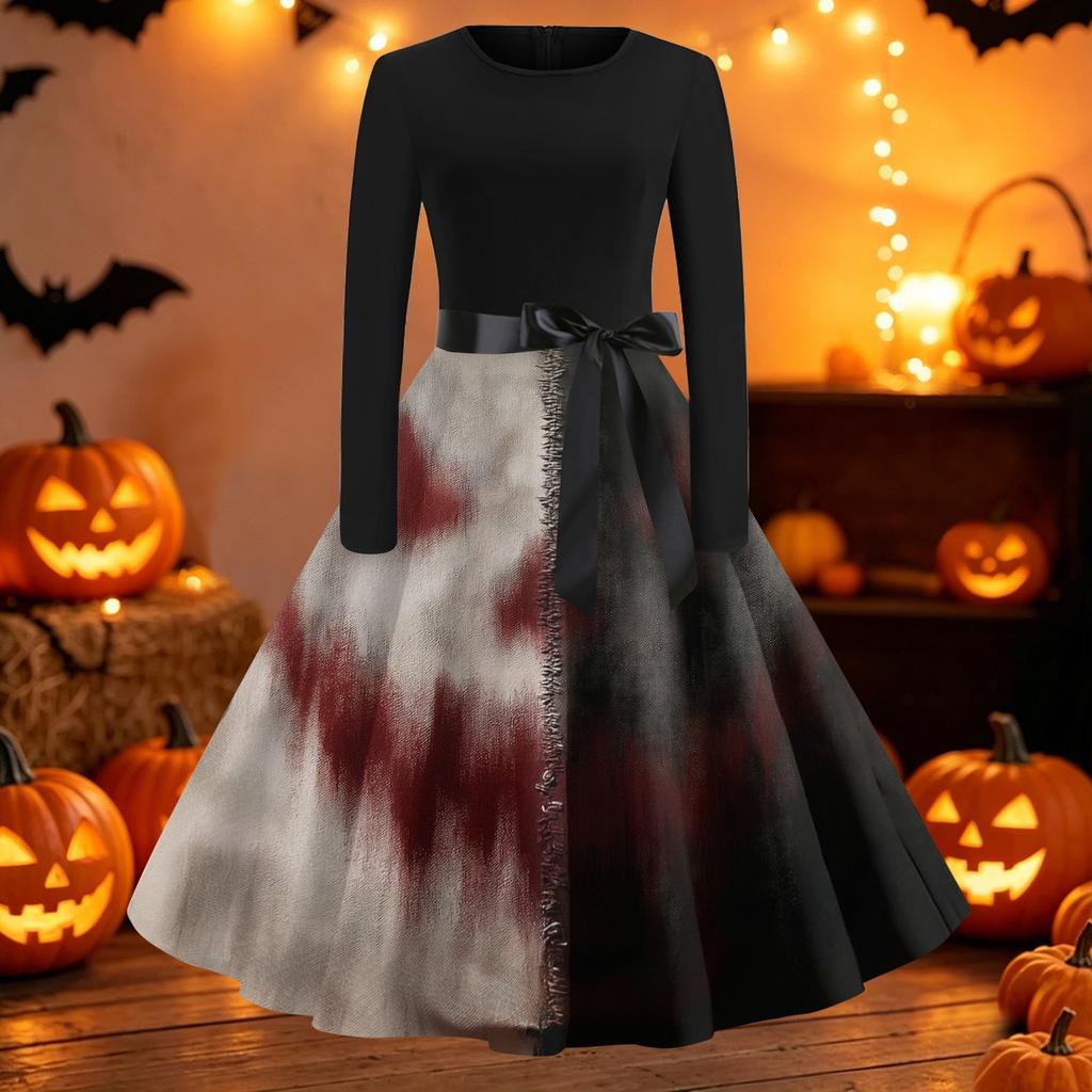 Women's Vintage Round Neck Dress with Halloween Print for Casual Fall Outings