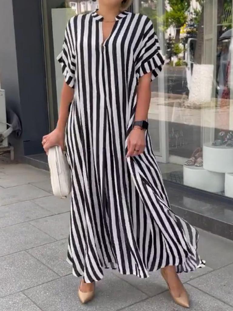 Hot Spring Summer New Women's Striped Printed High-Waisted Maxi Skirt Dress