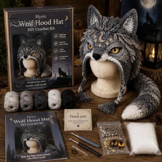 Handmade Fantasy Headwear Hood Crochet Kit, Cute Animal Hat DIY Dragon Unicorn Cat Ear Knitting Project Skull Earflap Craft Kit for Adults, Halloween