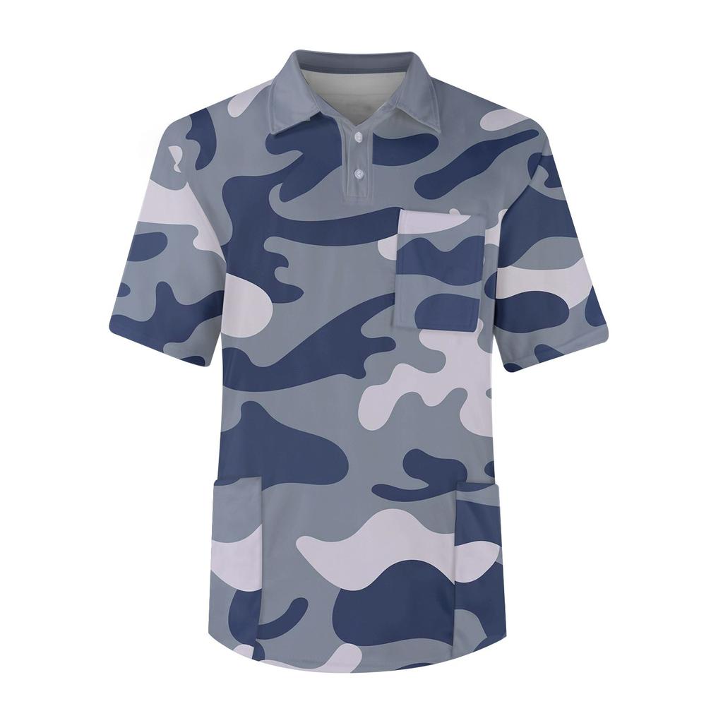 Maglia da infermiera a maniche corte da uomo con risvolto e bottoni, tinta unita, tasca sul petto