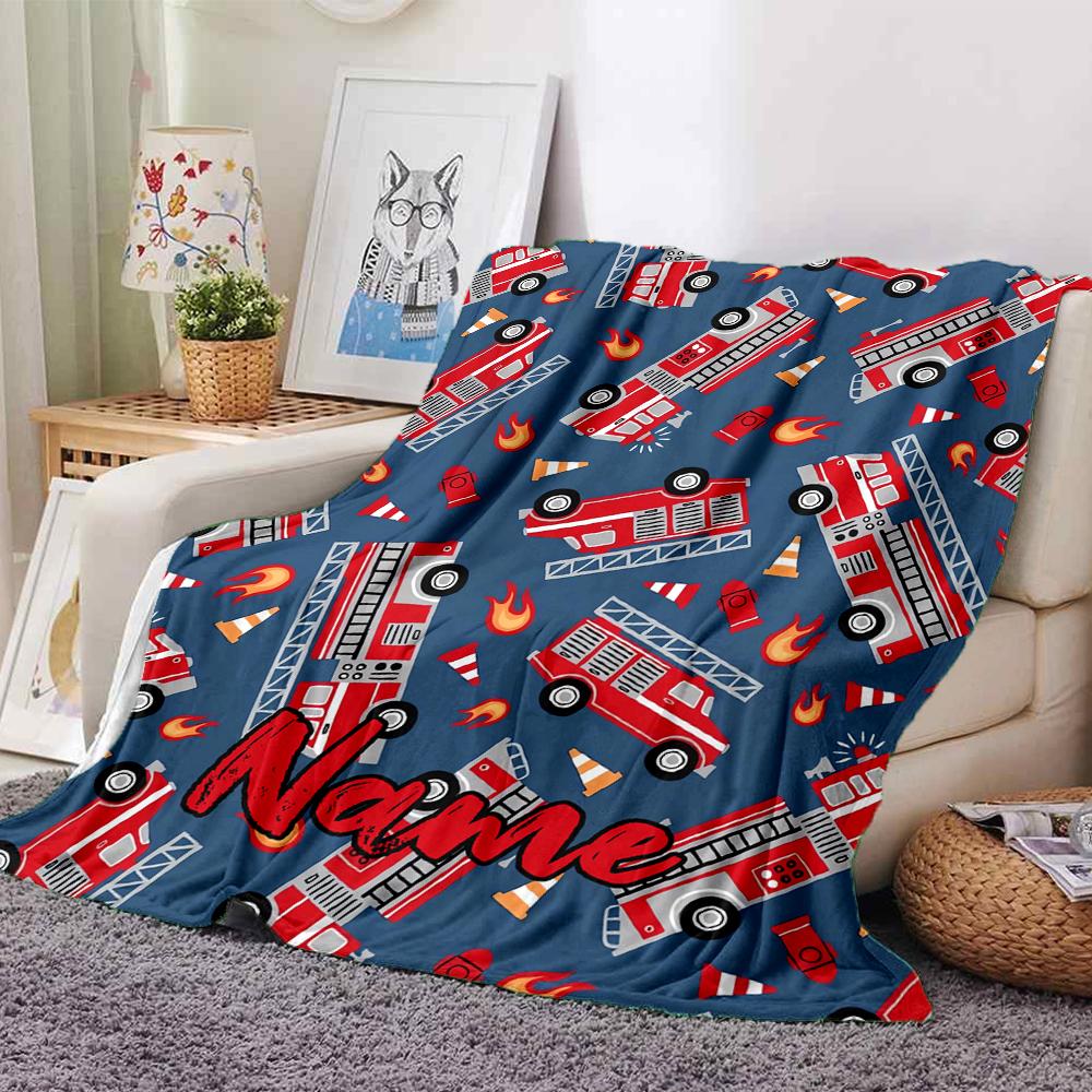 Custom Name fire truck Theme Printed Blanket - Perfect for Couch, Bed, Travel & Outdoor Use | Machine Washable, Cozy & Durable.