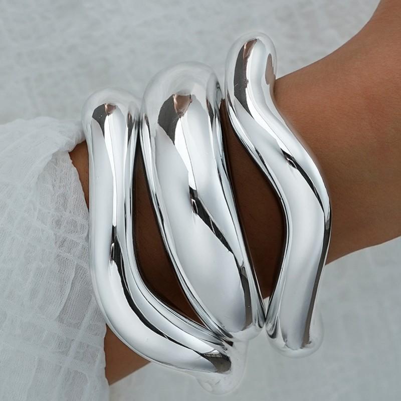 

3Pcs Smooth Irregular Cuff Bracelets for Women Fashion Exaggerated Personality Gold Color CCB Bracelets Punk Female Jewelry