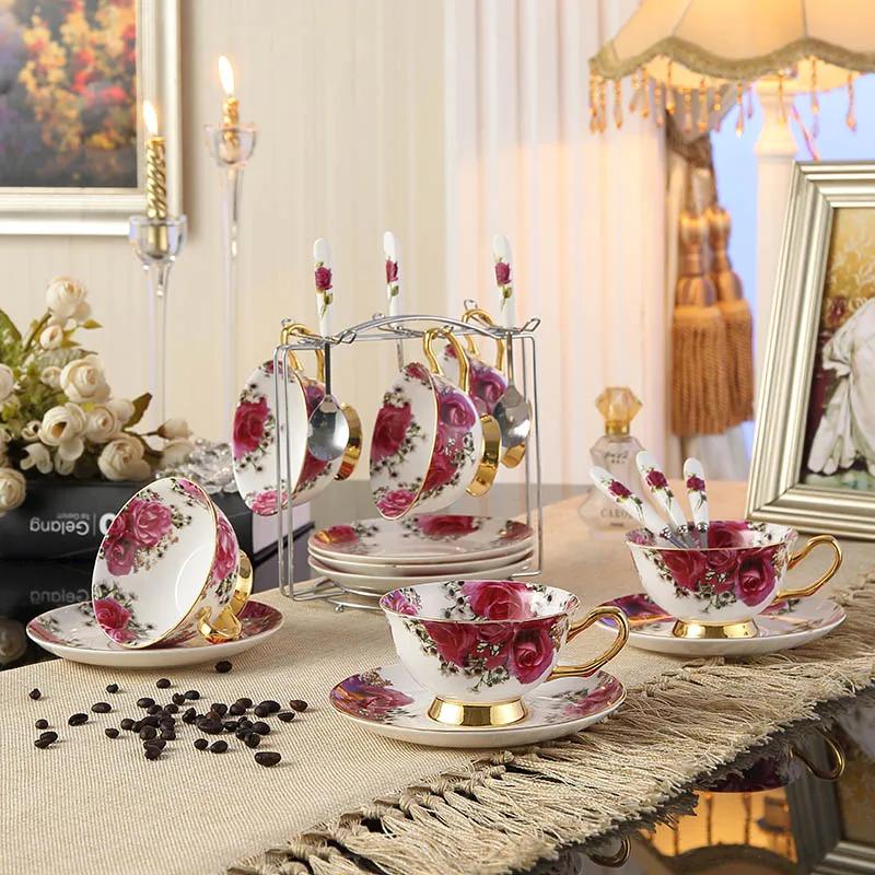 Top-grade British Vintage Rose Bone China Coffee cups set Porcelain Tea Sets Ceramic cups organizer tea party Six-piece Set