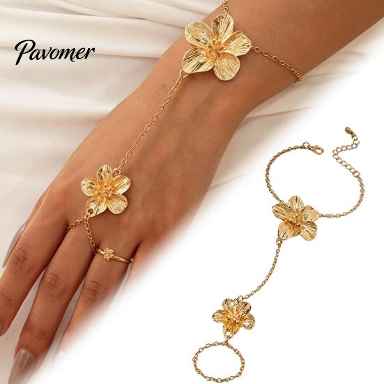 Layered Flower Hand Accessory Gold Chain Link Bracelet with Finger Ring for Integrated Women, Hibiscus Flowers O Bracelet, Floral Fairy Jewelry