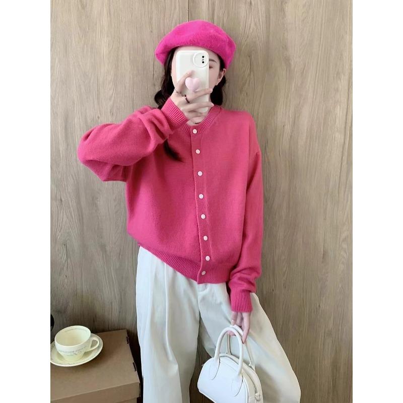 

Новый кардиган из трикотажа конфетного цвета с круглым вырезом и длинными рукавами, женский, уменьшающий возраст, в стиле «маленькая свежесть», на пуговицах average size