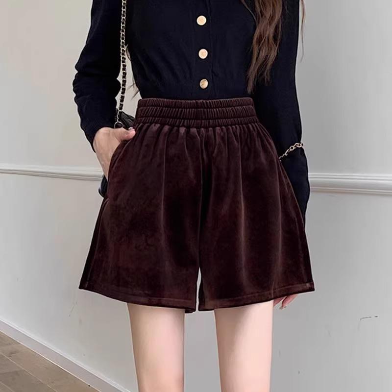 

Женские шорты А-силуэта с высокой талией больших размеров из золотого бархата - Зима 2024 Широкие леггинсы 4XL кофейный