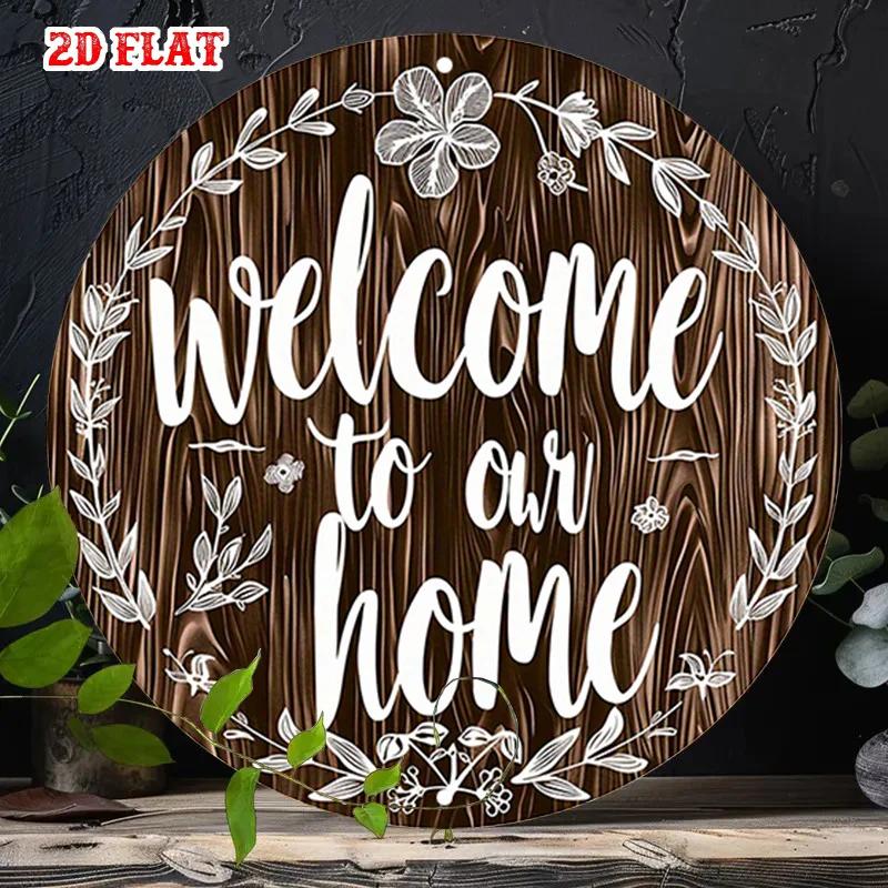 D Flat Floral Welcome Sign Rustic Round Aluminum Metal Wall Art for Home Garage Cafe Decor