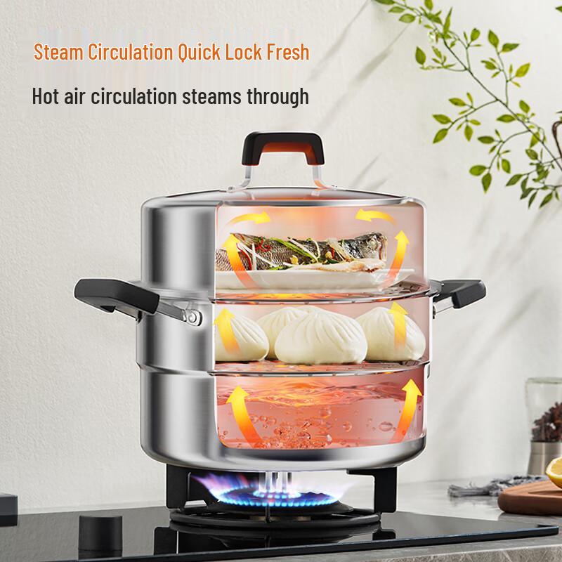 Joyoung 304 Stainless Steel Double-Layer Steamer Pot with High Arch Lid, 28cm
