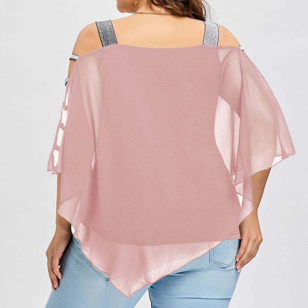 Sexy Women Fashion Plus Size Ladder Cut Overlay Asymmetric Blouse Strapless Tops