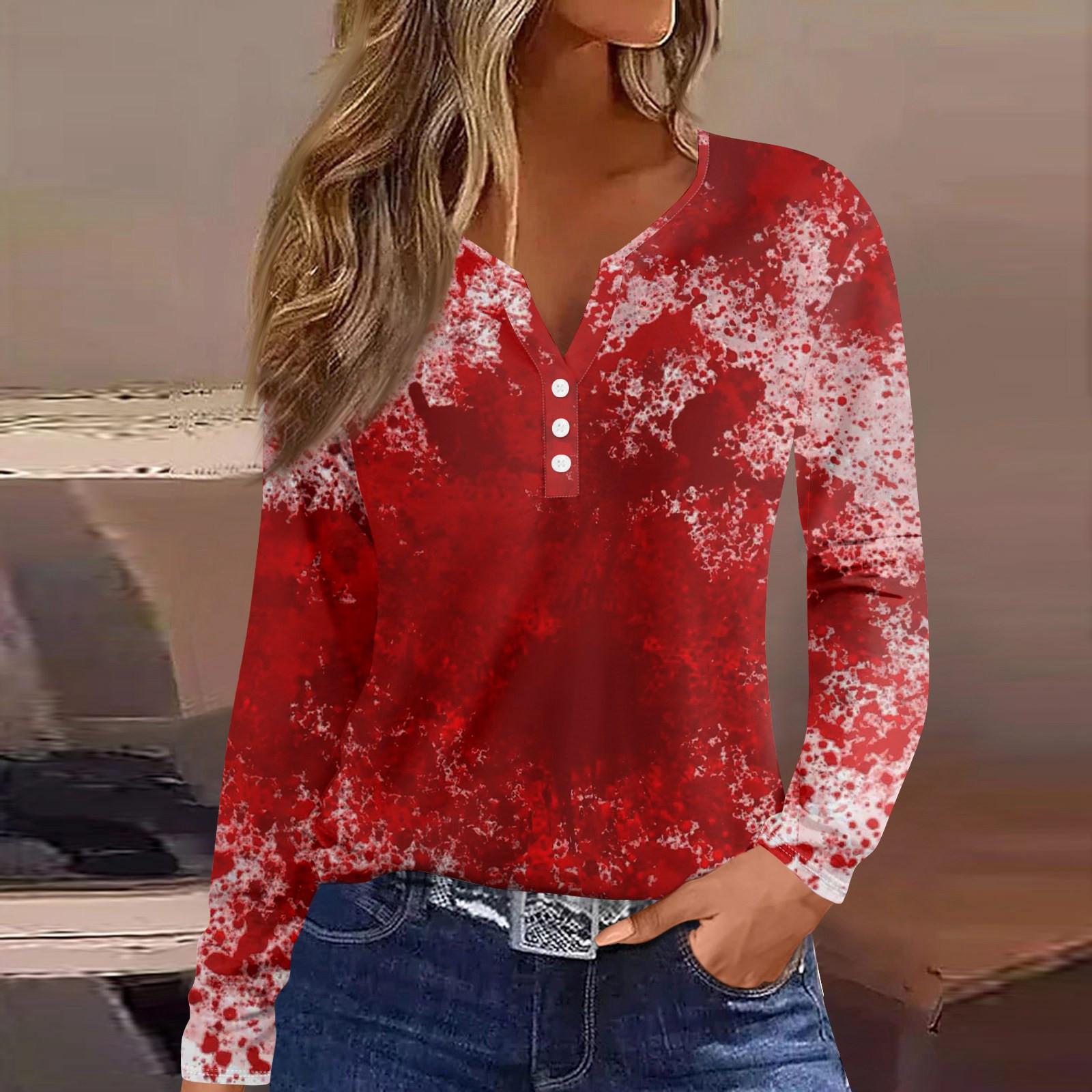 

Женская футболка I m Fine Bloody Shirt с принтом и пуговицами, с коротким рукавом, на каждый день, на выходные, модный базовый топ с v-образным вырезом, обычный топ XXL красный