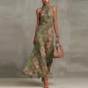 European Style Women Clothing Pleated Off-shoulder Print Sexy Spaghetti Strap Maxi Dress