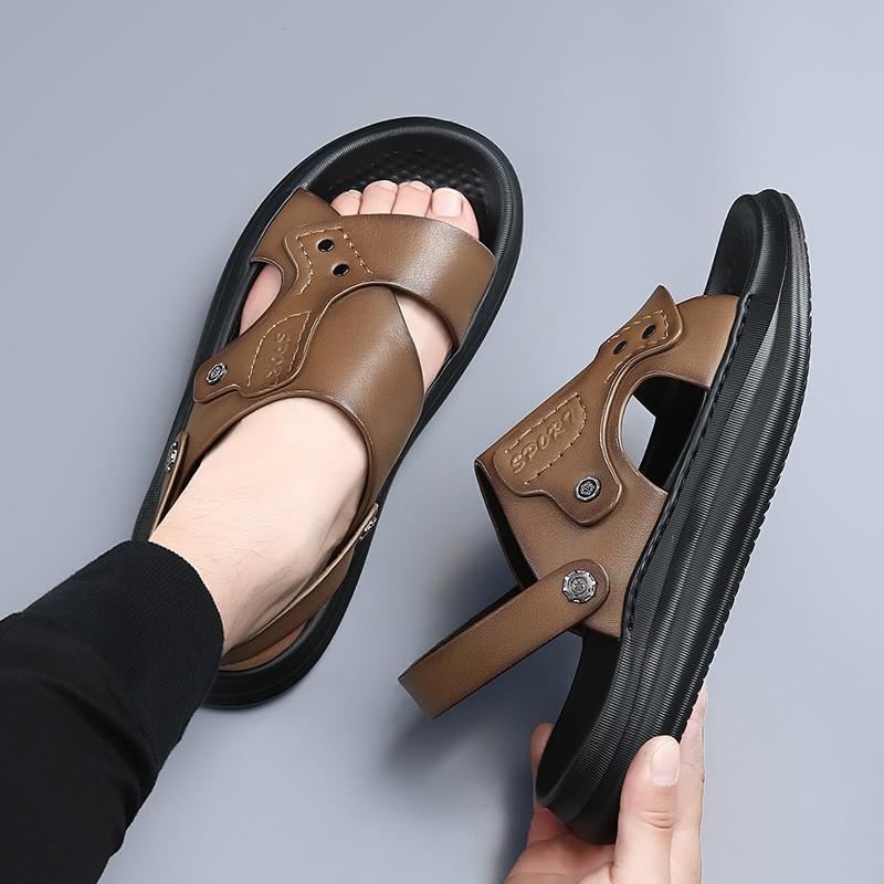 Mens Genuine Leather Slide Sandals Breathable Anti-Slip Outdoor Beach Shoes With Rear Strap