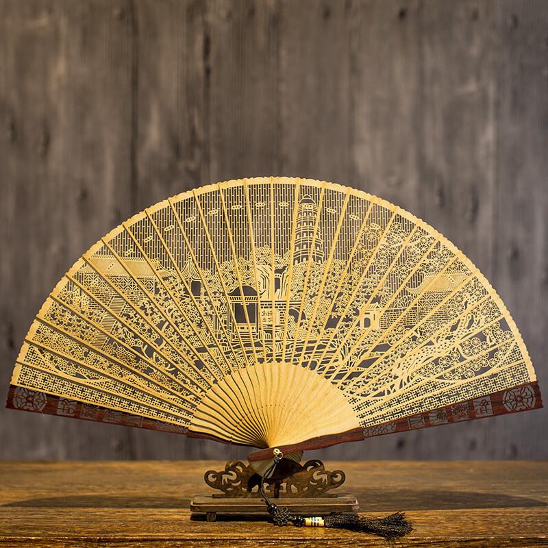 Chinese Sandalwood Fan - 7-inch Burmese Incense Wood Hollowed-out Carved Folding Fan, Chinese-style Gift Fan