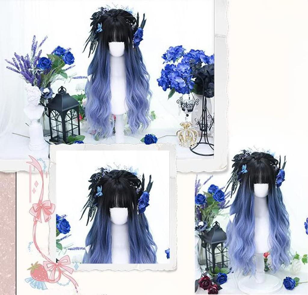 Lolita Wig, GAL Style, Semi-long Wig, Perm, Harajuku Style, Dreamy, Dark, Cute, Cosplay, Party, Lolita Style, Everyday Wig, Black, Blue, Gradient Wig