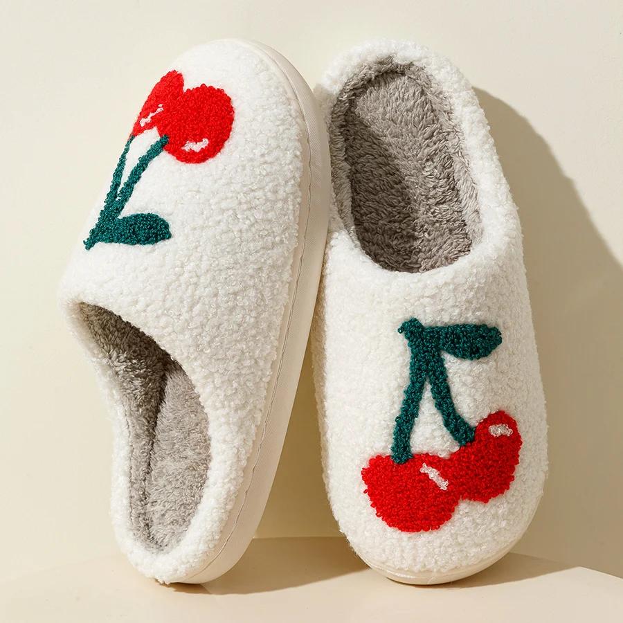 Fashion Super Cute Cherries Plush House Slippers for Women  Comfy Home Shoes   Flat Slip-on Slides   Platforms, Winter Slippers