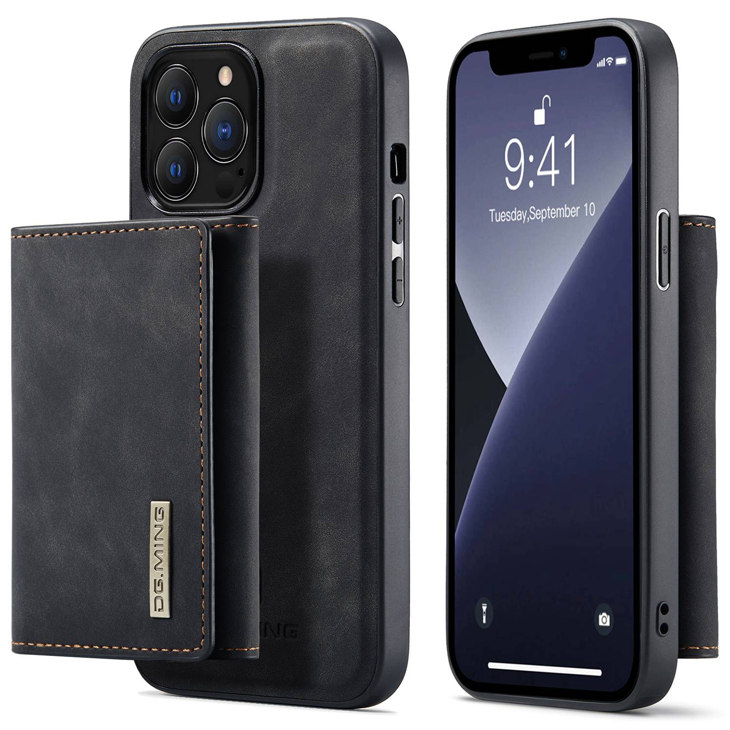 

DG.MING M1 Series For iPhone 15 Pro Magnetic Wallet Phone Case PC+TPU+PU Shockproof Kickstand Cover Black