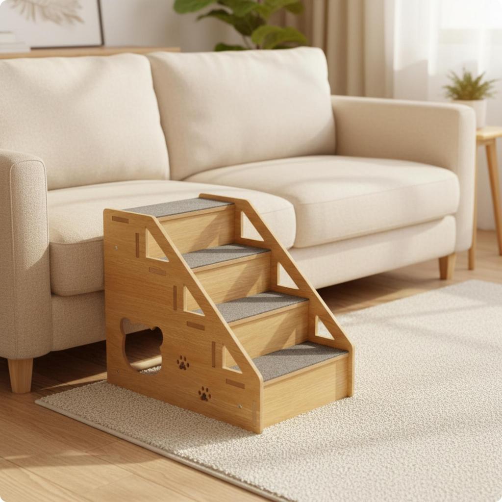 Space-Saving Pet Stair Ramp | Carpeted, Dog Steps with Carpet, for Living Room,