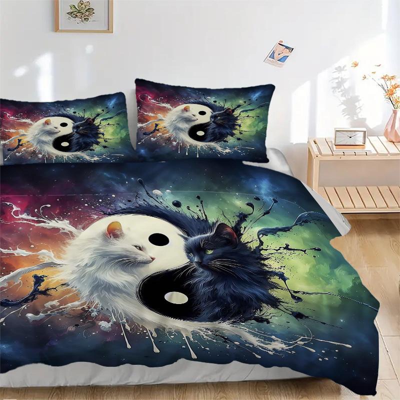 3pcs Yin Yang Cat Design Printed Quilt Set - Includes 1 Quilt Cover and 2 Pillowcases, Machine Washable - Suitable for All Seasons.M105