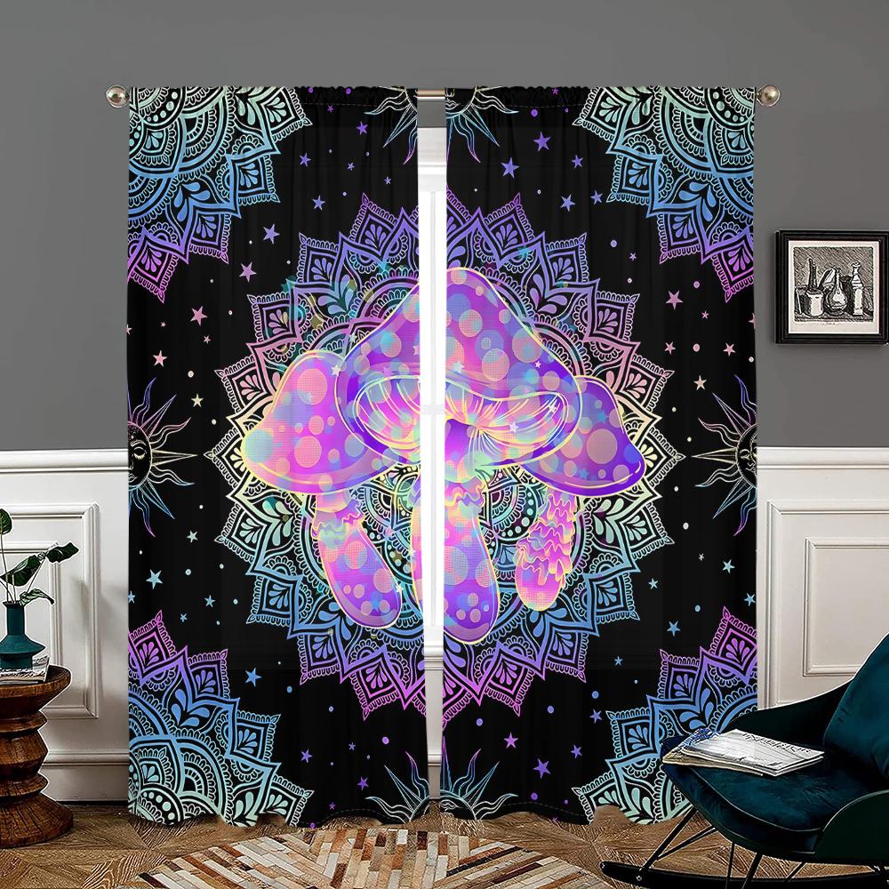 2 Pieces, Bohemian Mandala Psychedelic Mushroom Curtains -30% Blackout - Suitable for Living Room, Bedroom and Home Decoration.
