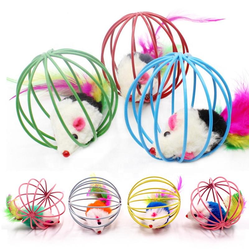 Cat Toy Plush Mouse Metal Cage Interactive Exercise Feather Ball Fun Durable Kitty Play Toy Crinkle Sound Lifelike