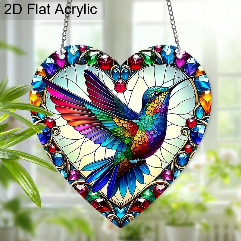 Acrylic Heart-Shaped Hummingbird Suncatcher, Stained Glass Style Window Hanging Ornament for Bird and Colorful Art Lovers