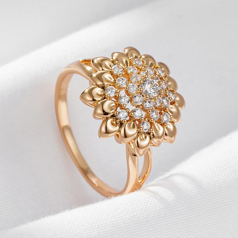 New  Rose Gold Flower Big Ring Fashion Creative Wedding Jewelry Natural Zircon Women Ring Unusual Vintage Jewelry